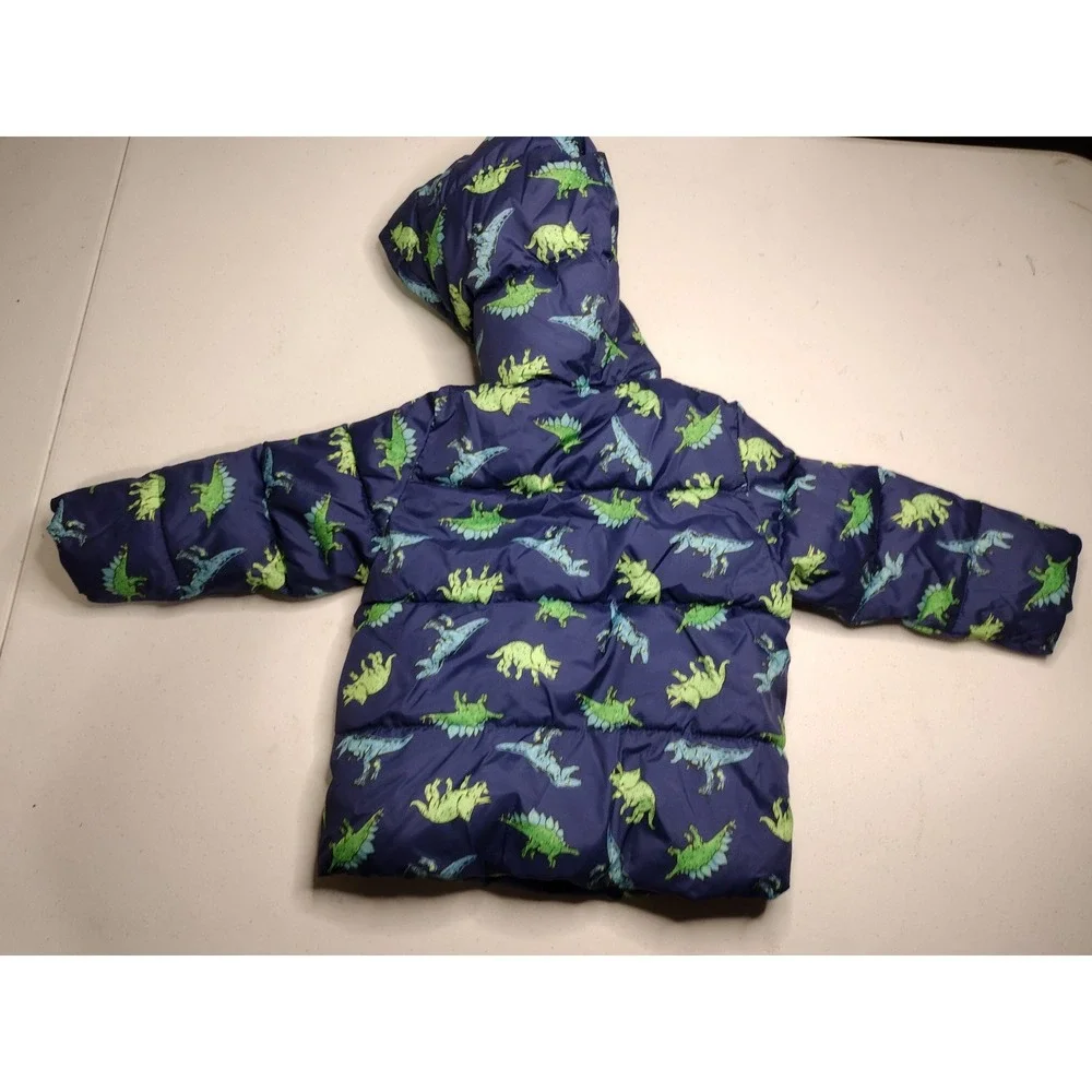 Old Navy Kids Dinosaur Puffer Jacket Water‎ Resistant Hooded Navy Green 18 24M